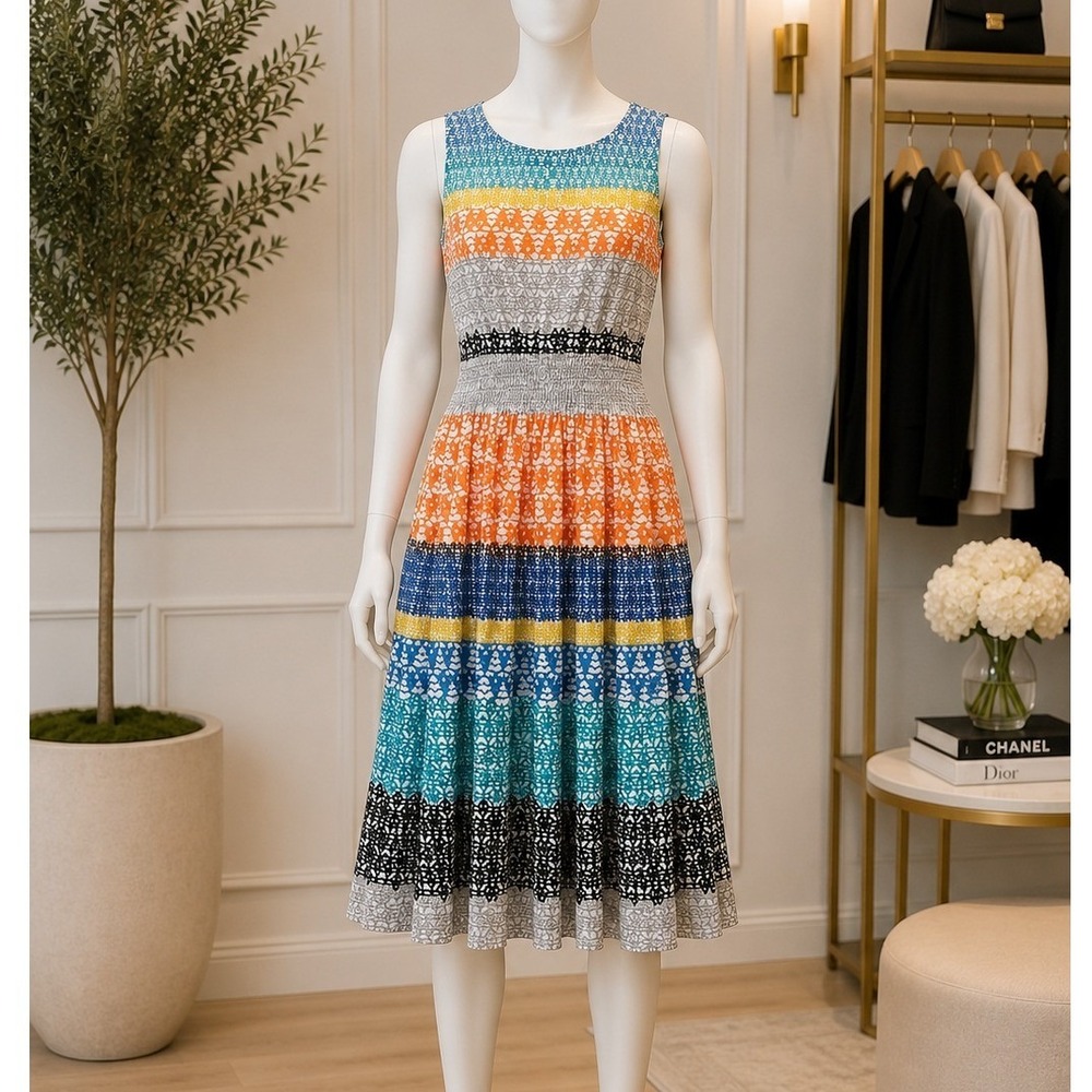 eShakti Womens Fit and Flare Dress Multi Color Geometric Striped Size 6
